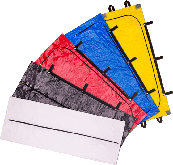Body bags in white, black, red, blue and yellow, fanned out